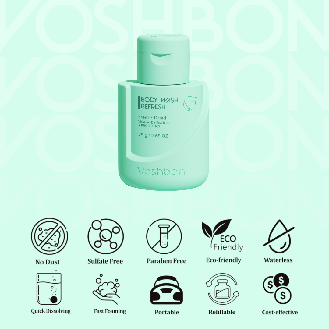 REFRESH Freeze-Dried Body Wash certifications and instructions
